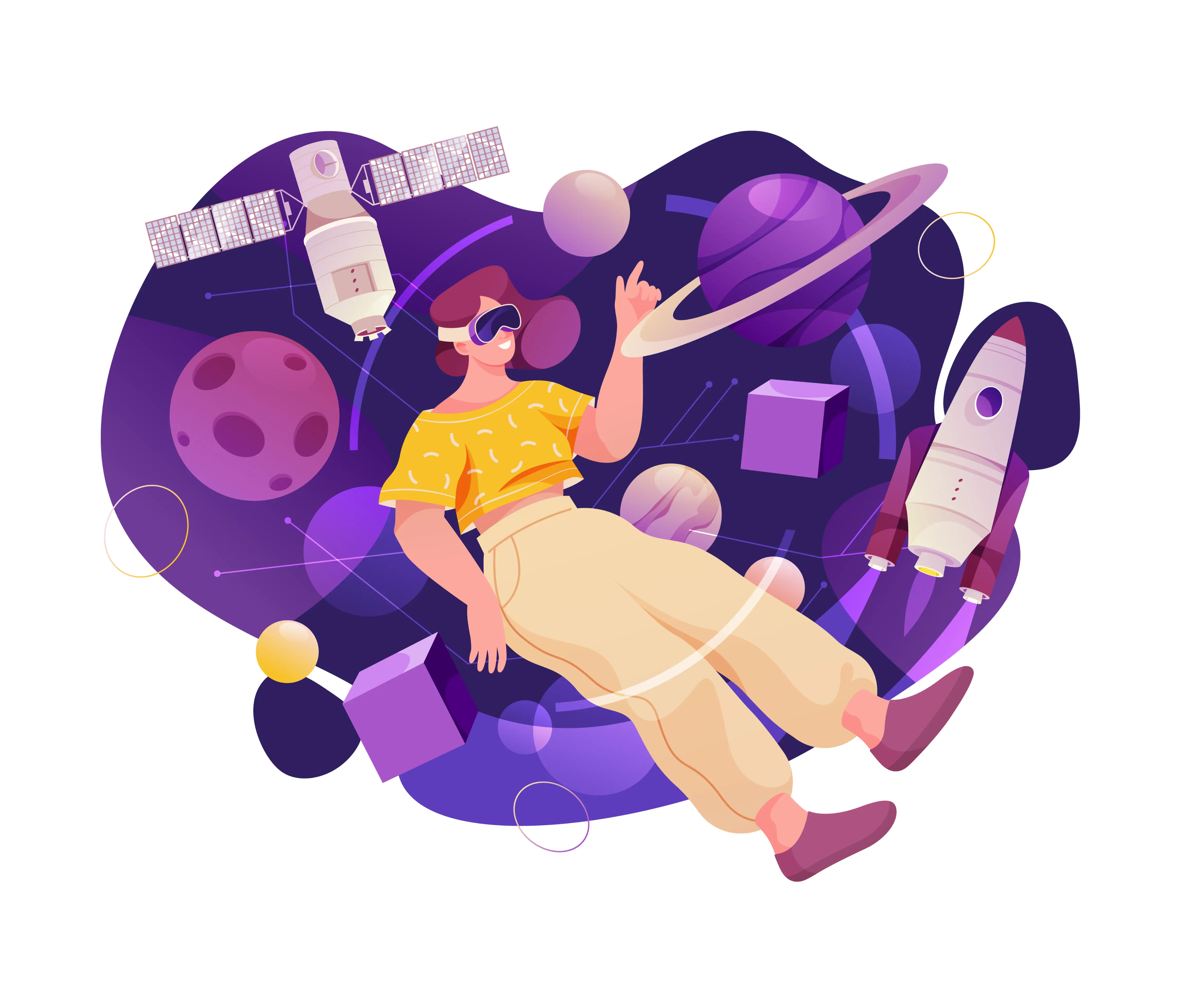 ilustrasi seorang user dalam dunia metaverse yang tampak melayang di ruang angkasa sambil berinteraksi dengan objek-objek astronomi ilustrasi seorang user dalam dunia metaverse yang tampak melayang di ruang angkasa sambil berinteraksi dengan objek-objek astronomi