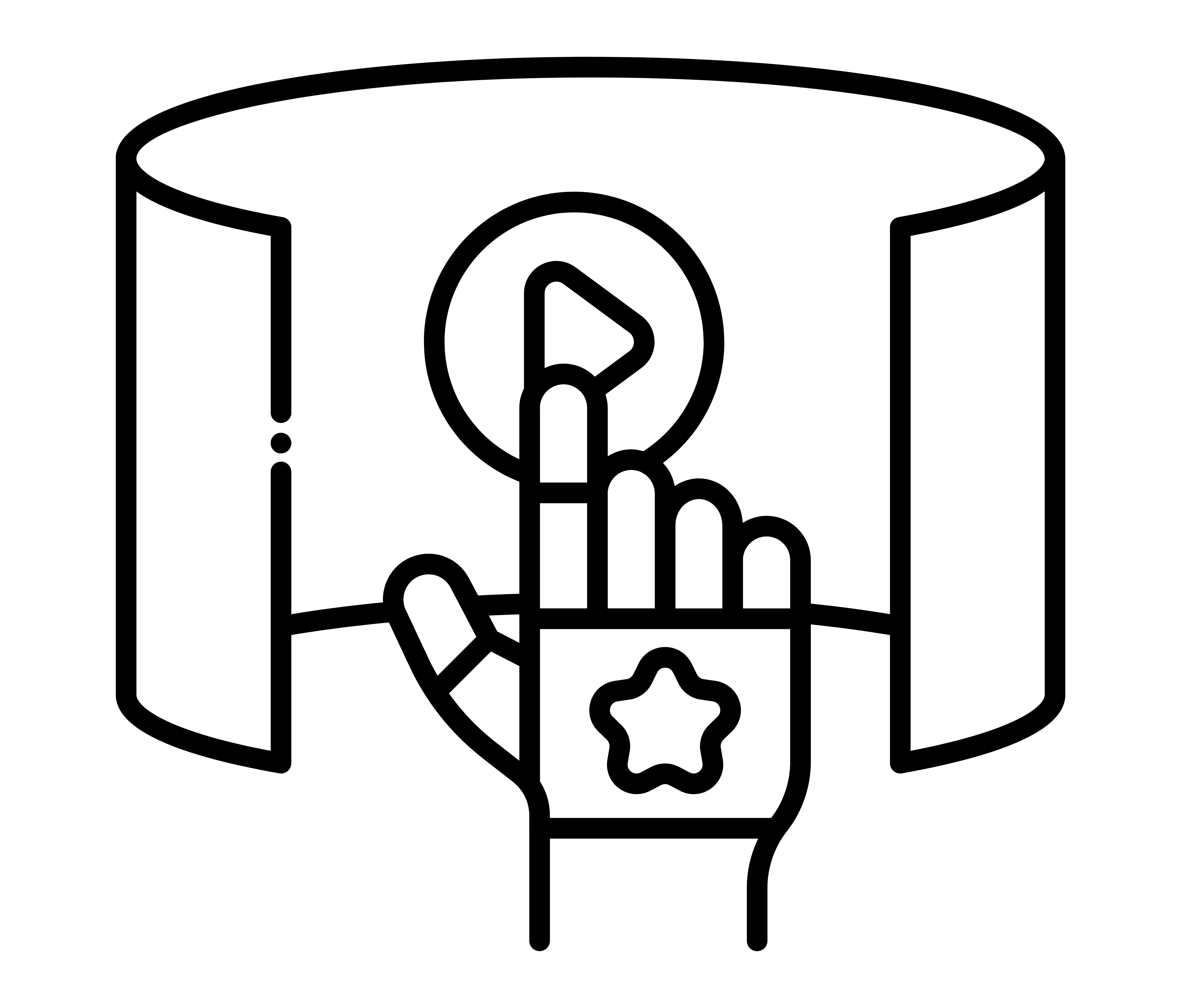 Ikon garis hitam yang menampilkan sebuah tangan yang mengenakan haptic suits & gloves menekan tombol putar (play) di dalam lingkaran.