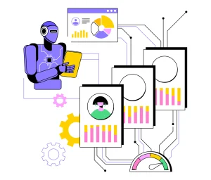 Ilustrasi robot ungu memegang gawai yang menganalisis data dan profil kandidat, menggambarkan pencegahan masalah model collapse pada AI