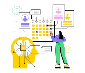 Ilustrasi wanita menunjuk kalender digital di samping siluet kepala AI dan dokumen profil kandidat untuk pencegahan model collapse