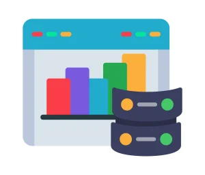 ilustrasi dasbor analitik menampilkan grafik batang warna-warni di depan ikon server data graph database