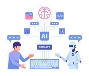 Ilustrasi pria dan robot berinteraksi dengan sistem AI menggunakan prompt dan keyboard untuk mencegah model collapse