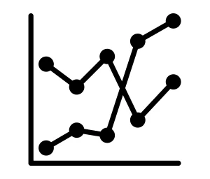 ikon grafik garis ganda dengan sumbu dan titik data yang saling terhubung, sering digunakan dalam dasbor analitik untuk visualisasi data graph database